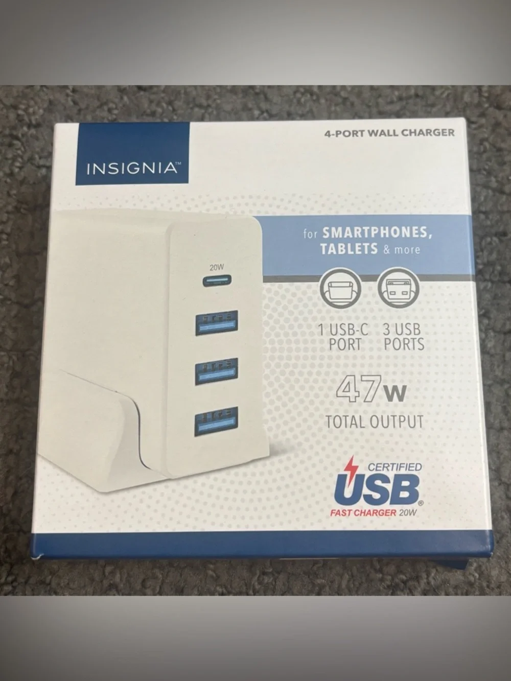 Insignia 47W 4-Port Wall Charger with 1 USB-C & 3 USB Ports New